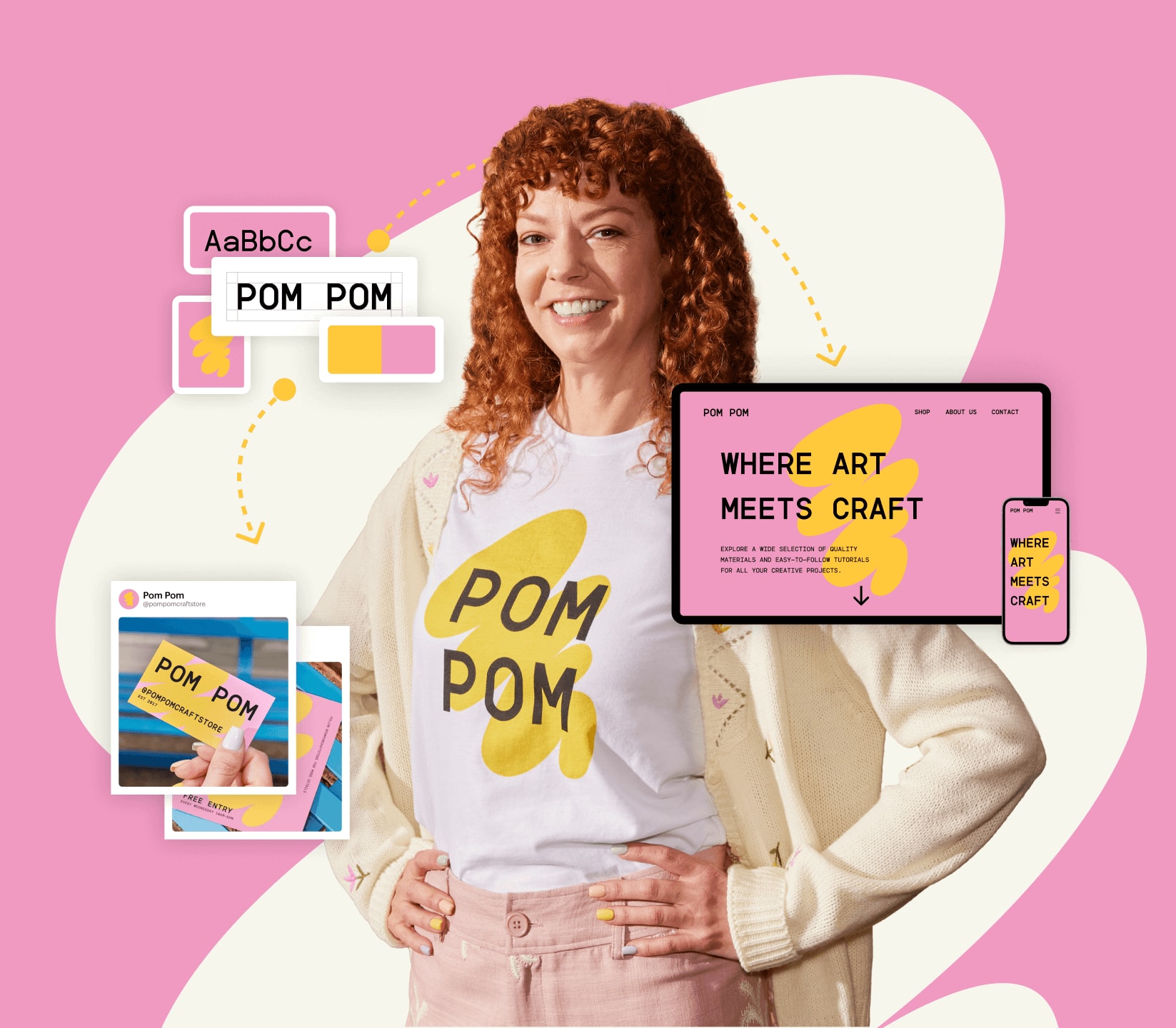 Woman in branded Pom Pom t-shirt, with pink and yellow website, mobile, and social media mockups highlighting creative design elements.