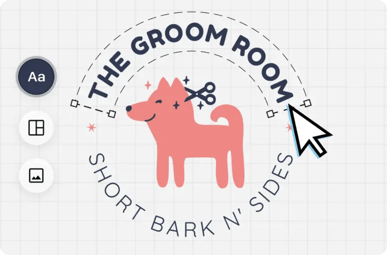 Logo editing tools surround a logo design for 'The Groom Room' featuring a smiling dog with scissors and the tagline 'Short Bark N' Sides' in curved text.
